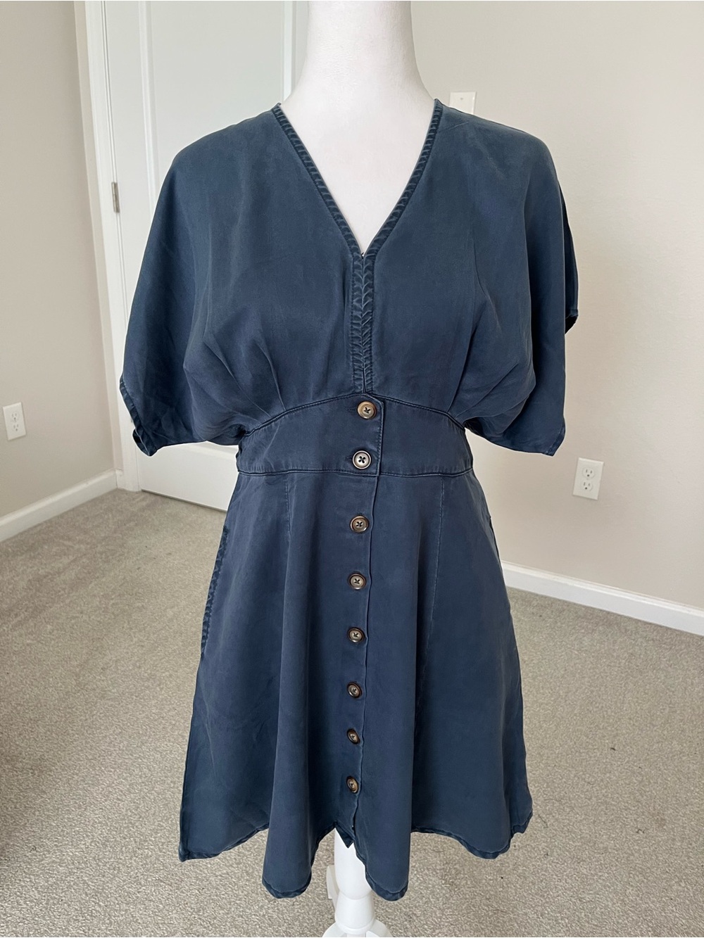NWT Quince Vintage Wash Button Front Mini Dress in Midnight Blue Size Small